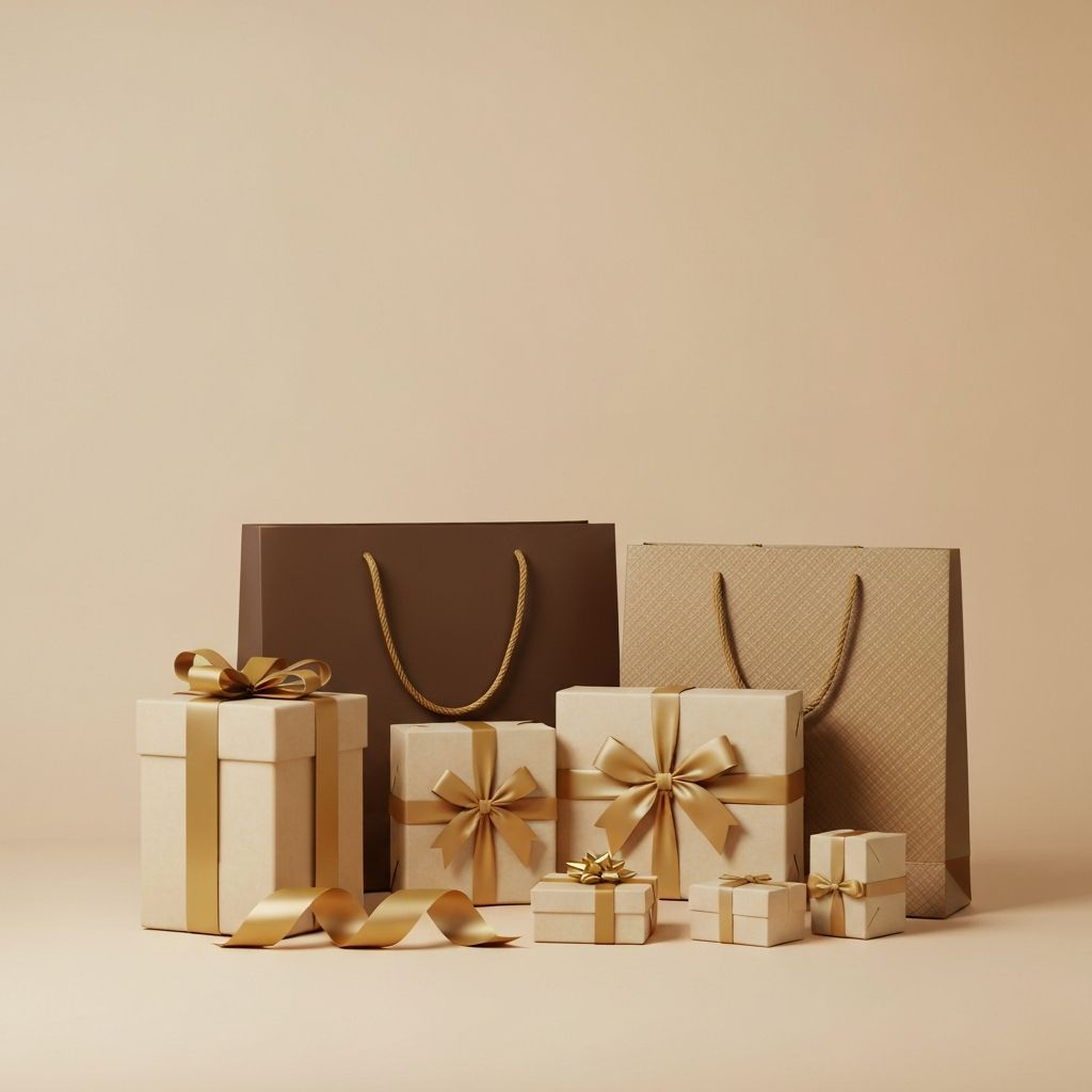 Premium rewards display with gift boxes and shopping bags